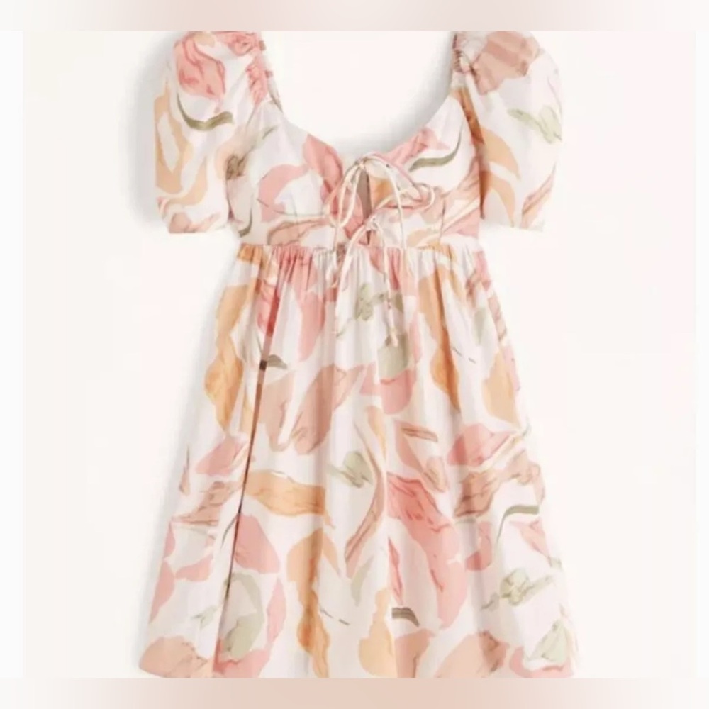 Abercrombie & Fitch Floral Poplin Keyhole Babydoll Tie Puff Sleeve Mini Dress - Picture 4 of 13